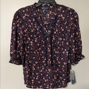 Democracy Navy Floral V-Neck Blouse with Pink Floral Print